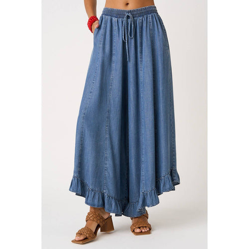 WASHED CHAMBRAY RUFFLE HEM WIDE LEG PANTS