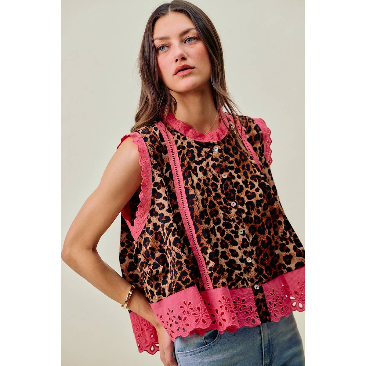 Leopard Pleated Sleeveless Blouse