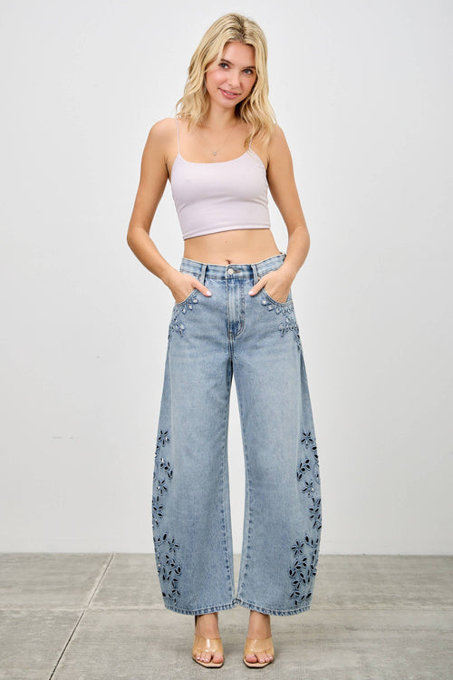 High Rise Embroidered Barrel Jeans