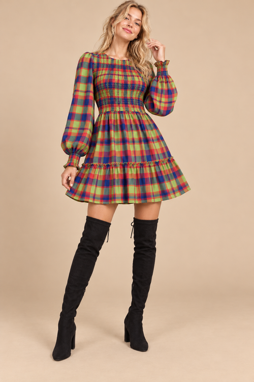 Colorful Plaid Smocked Mini Dress
