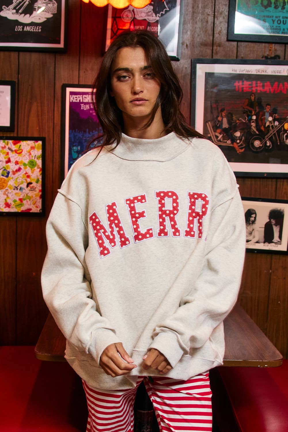 IT2594E-MERRYW | "MERRY" Varsity Mock Neck Sweatshirt