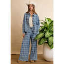 FRAYED DETAIL PLAID WIDE LEG JEANS WITH DUAL POCKETS