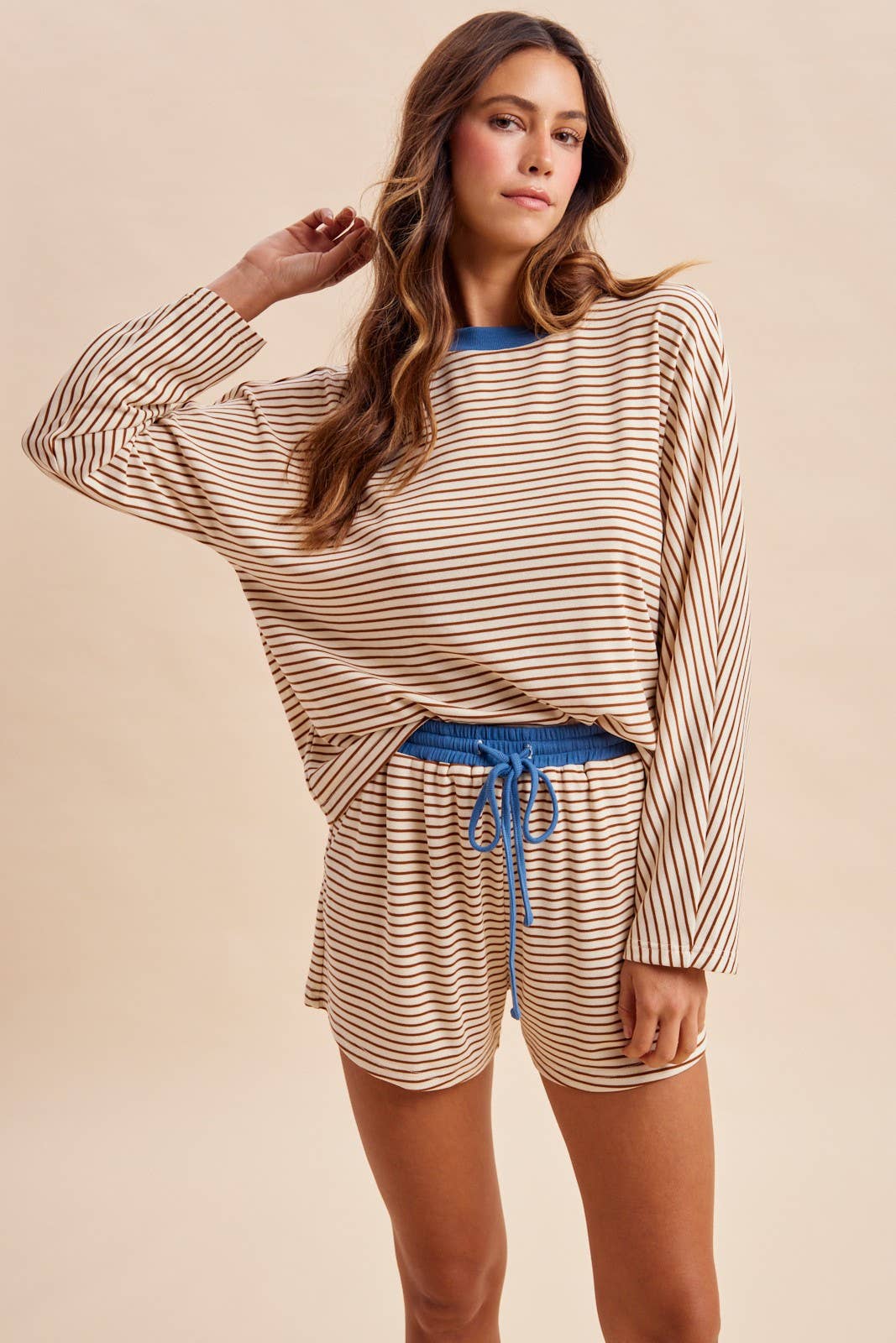 Loose Fit Striped Dolman Sleeve Knit Top Mini Shorts Set
