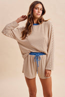 Loose Fit Striped Dolman Sleeve Knit Top Mini Shorts Set