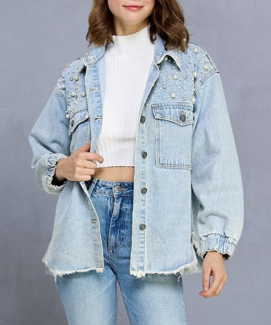 Denim Shacket - Pearl Accents