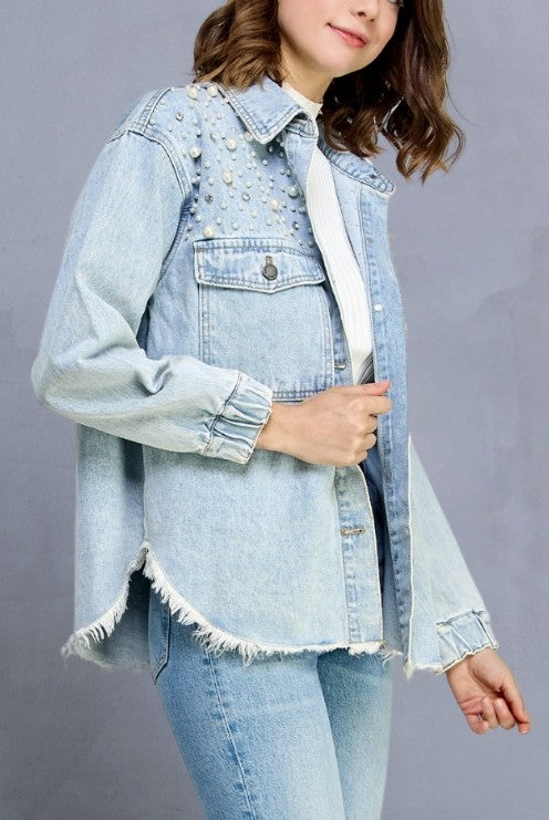 Denim Shacket - Pearl Accents