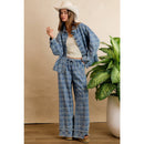 FRAYED DETAIL PLAID WIDE LEG JEANS WITH DUAL POCKETS