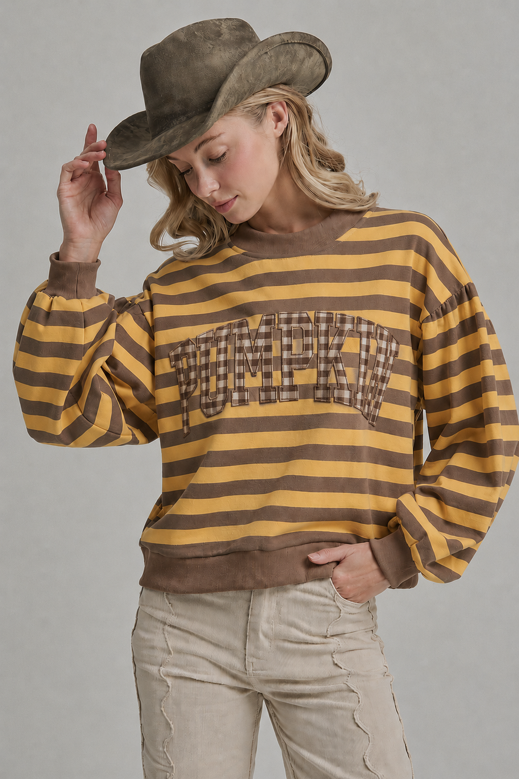 STRIPE TERRY CASUAL THANKSGIVING TOP WITH PUMPKIN LETTERING