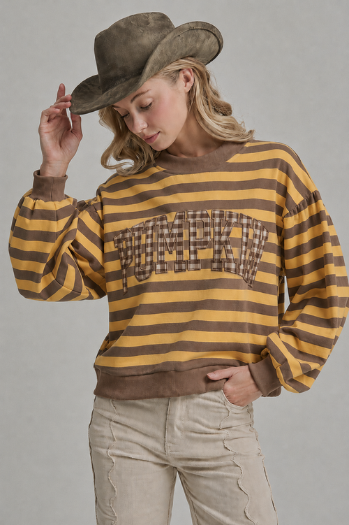 STRIPE TERRY CASUAL THANKSGIVING TOP WITH PUMPKIN LETTERING
