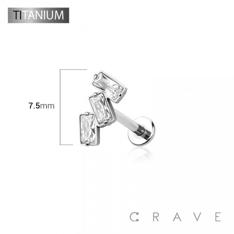 IMPLANT GRADE SOLID TITANIUM TRIPLE BAGUETTE LINE CZ PUSH IN