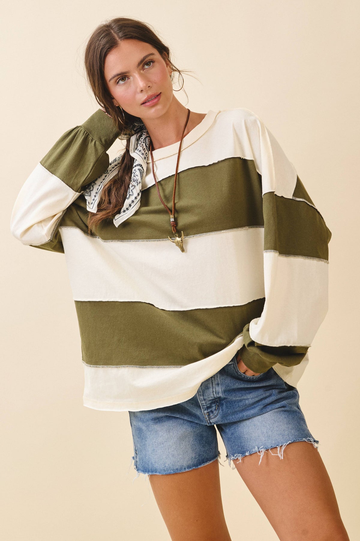 8551GN Oversized Color Block Long Sleeve Pullover