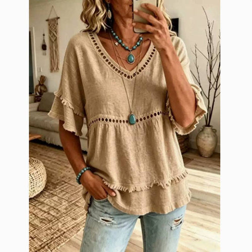 Boho Eyelet Trim Linen V Neck Ruffle Sleeve Blouse