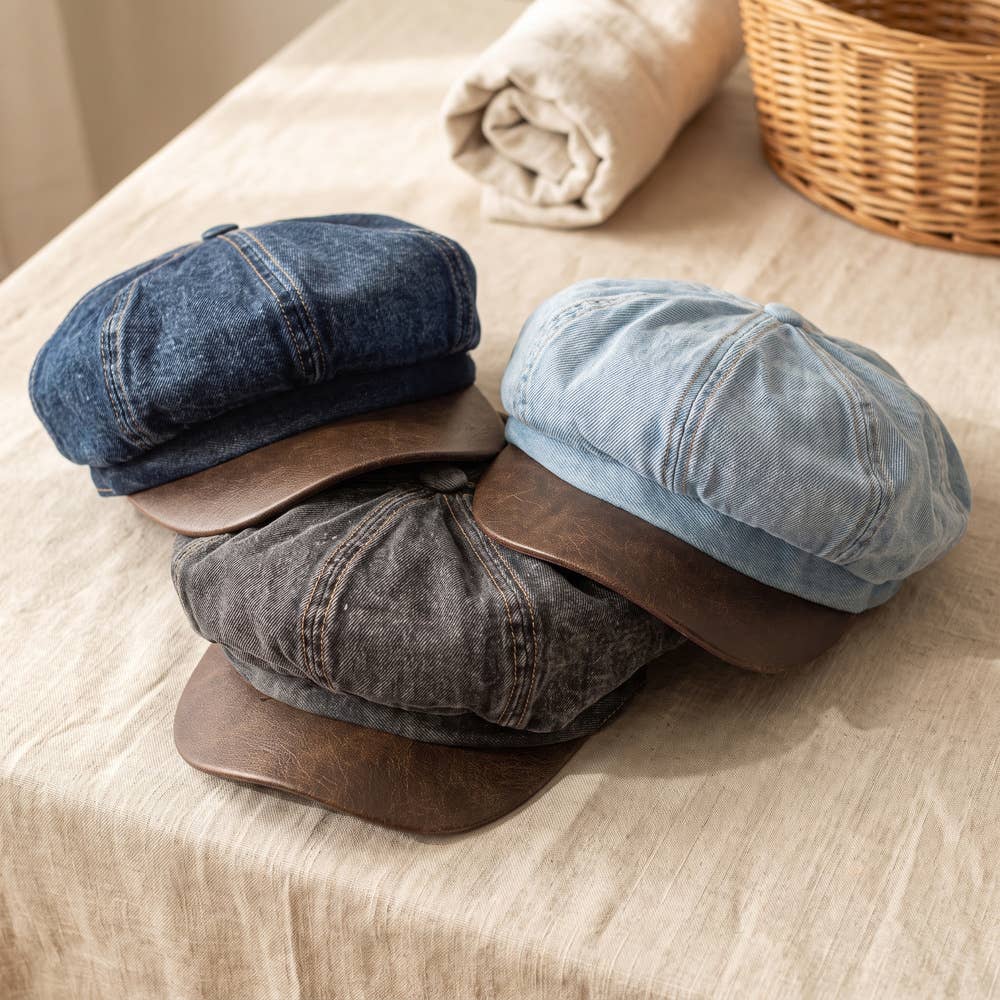 Denim Newsboy Cabbie Cap With Contrast Brim