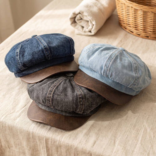 Denim Newsboy Cabbie Cap With Contrast Brim