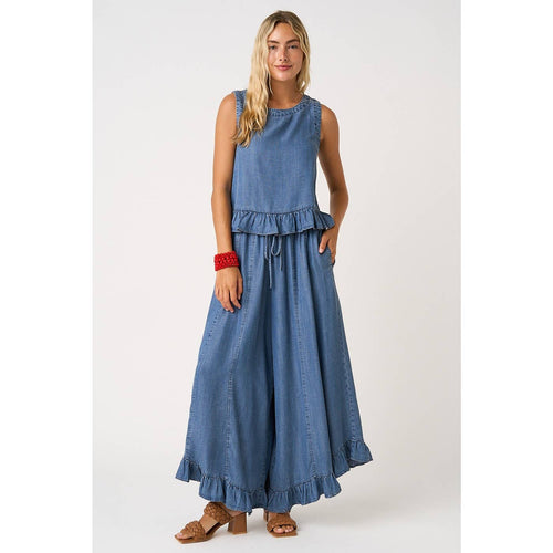 WASHED CHAMBRAY RUFFLE HEM WIDE LEG PANTS