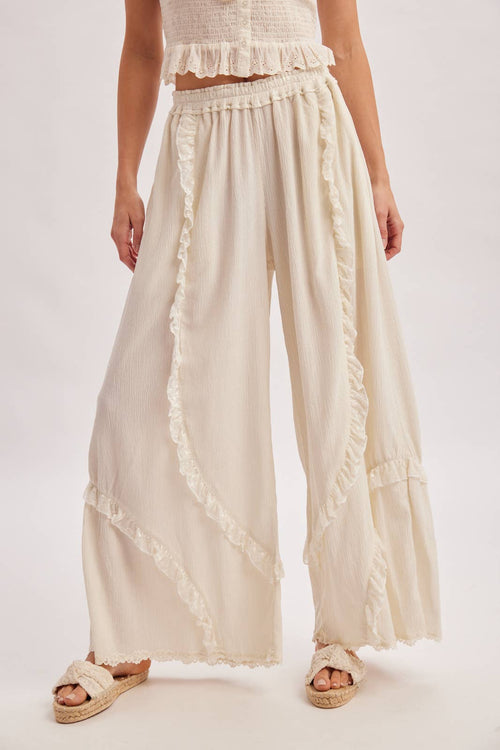 BOHO EYELET LACE RUFFLE TRIMMED WIDE PANTS