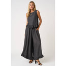 BACK BUTTON DETAIL CHAMBRAY RUFFLE PEPLUM TANK TOP