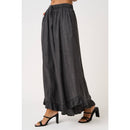 WASHED CHAMBRAY RUFFLE HEM WIDE LEG PANTS