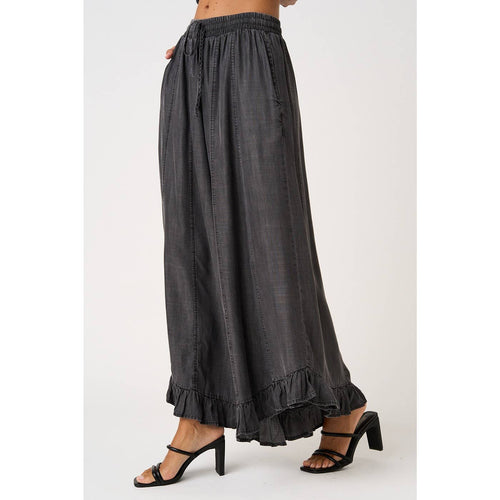 WASHED CHAMBRAY RUFFLE HEM WIDE LEG PANTS