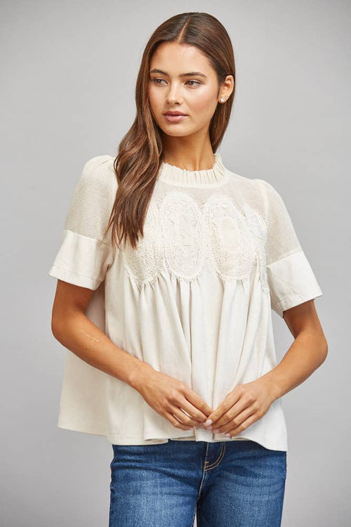 SHEER MESH UPPER PANEL WITH LACE APPLIQUE FAUX SUEDE TOP