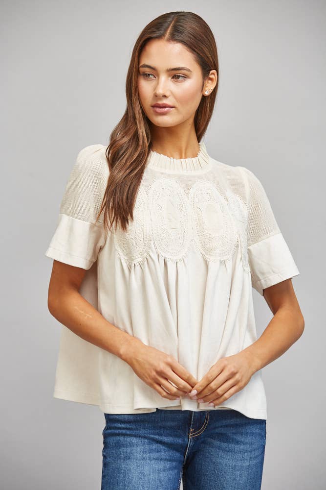 SHEER MESH UPPER PANEL WITH LACE APPLIQUE FAUX SUEDE TOP