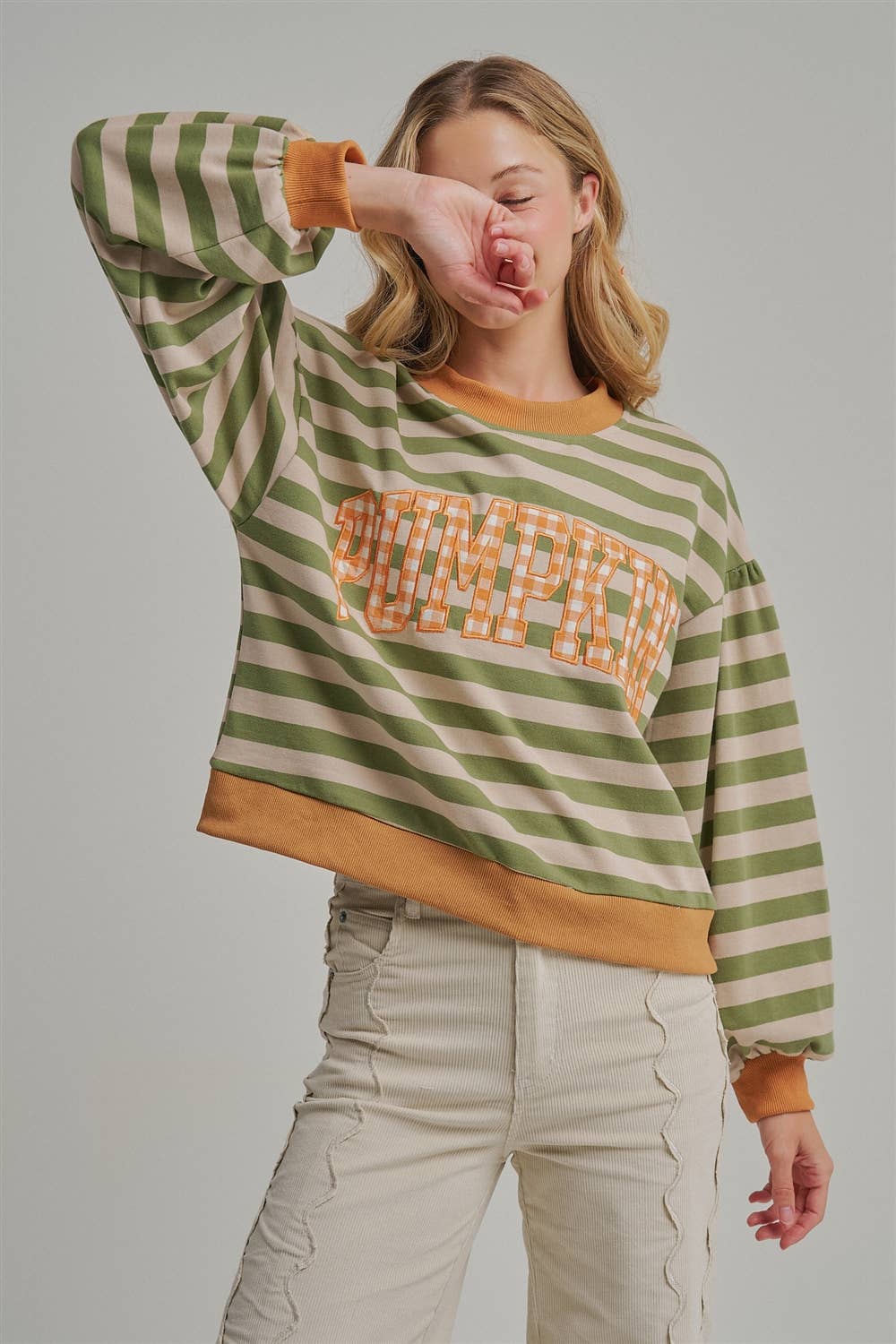 STRIPE TERRY CASUAL THANKSGIVING TOP WITH PUMPKIN LETTERING