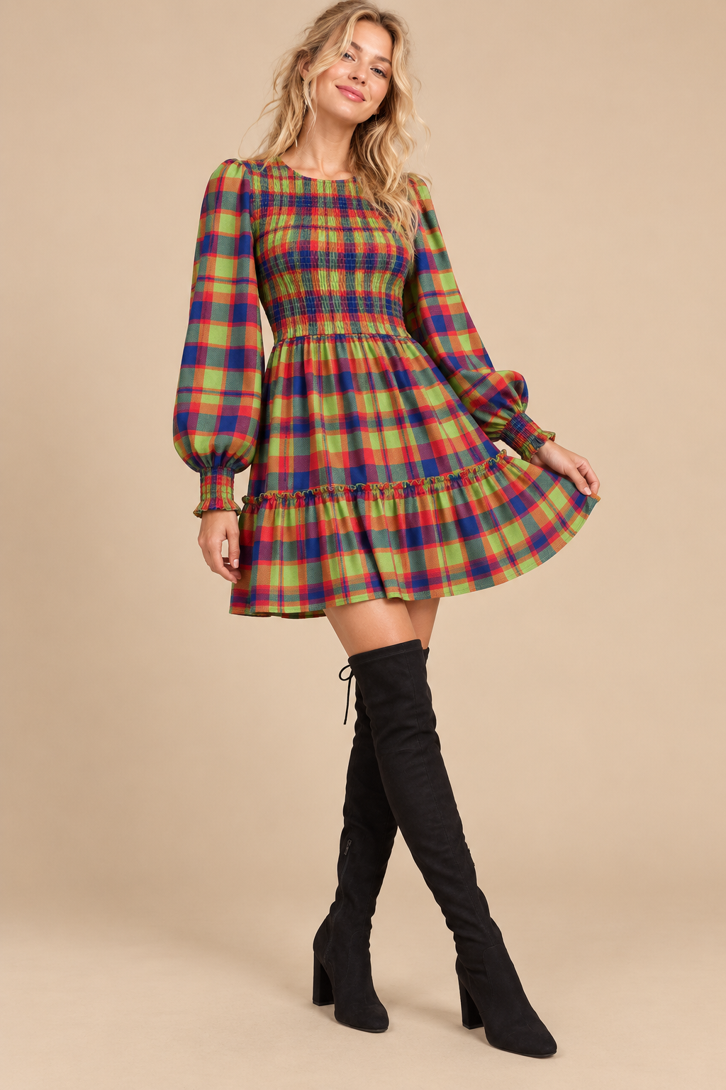 Colorful Plaid Smocked Mini Dress