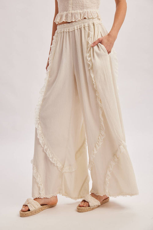 BOHO EYELET LACE RUFFLE TRIMMED WIDE PANTS