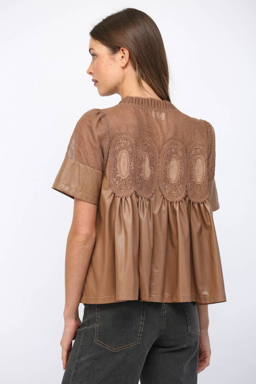 LACE OVERLAY FAUX LEATHER BABYDOLL TOP FT24196