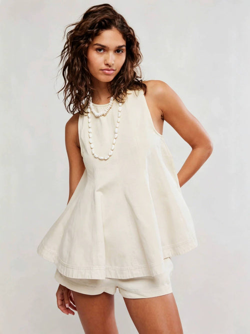 Denim Outfit Set-Sleeveless Top & Elastic-Waist Shorts
