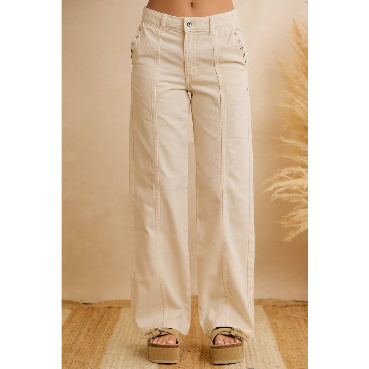 Grommet Detail High Waist Wide Leg Pants
