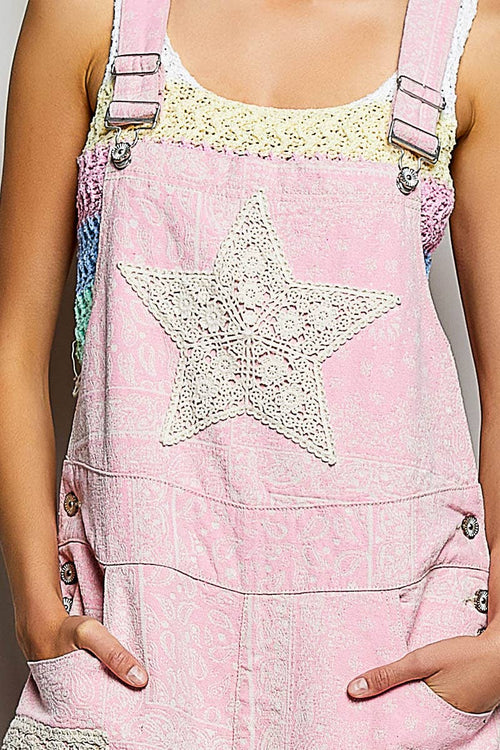 Floral Crochet Pearl Patch Roomy Fit Twill Overalls