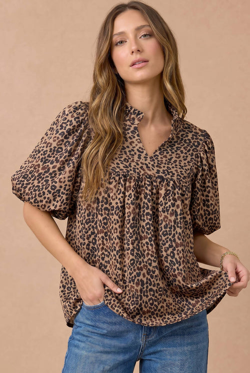 Leopard Ruffle Notch Neck Blouse