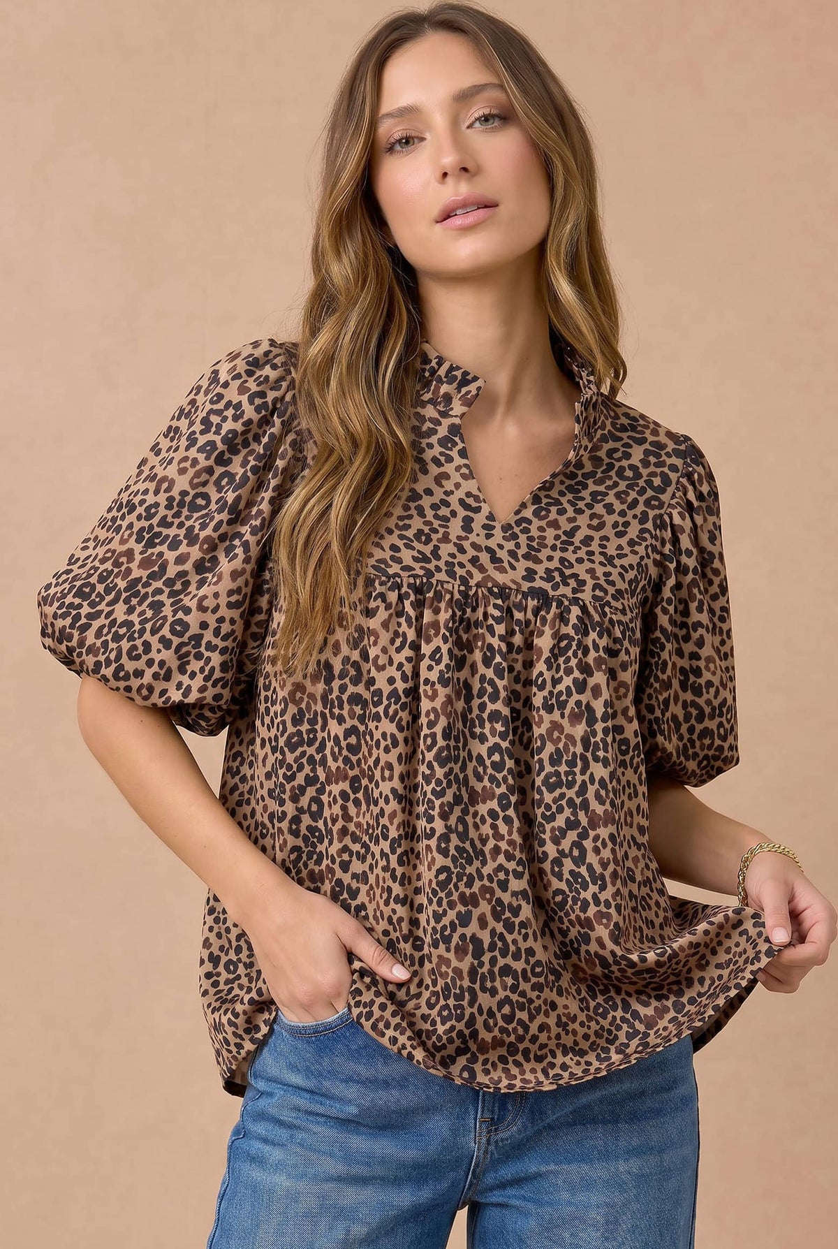 Plus Leopard Ruffle Notch Neck Blouse