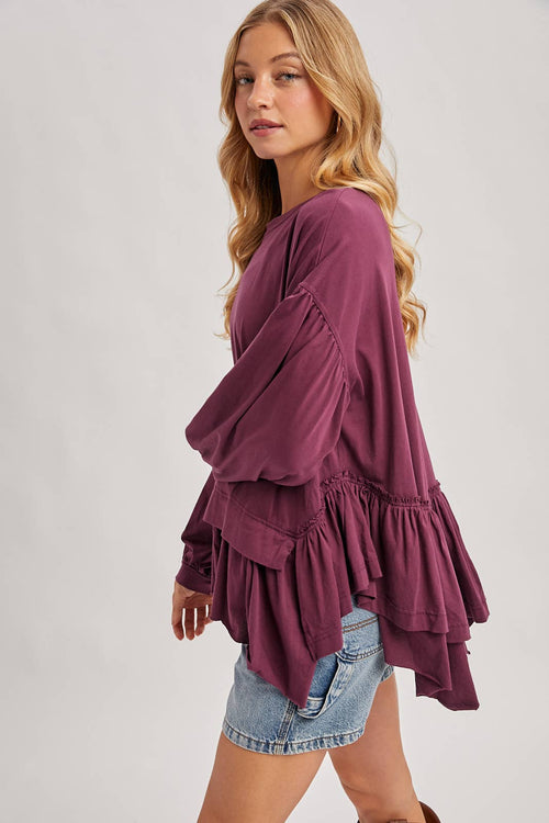 RUFFLED PEPLUM HEM OVERSIZED KNIT TOP