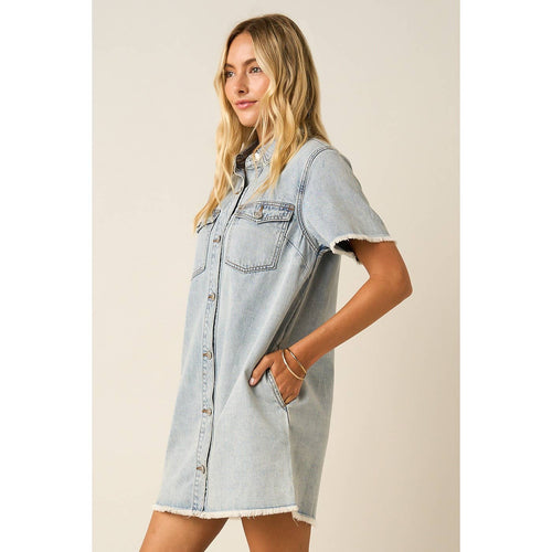 WASHED DENIM SHORT SLEEVE MINI SHIRT DRESS