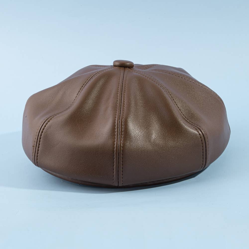 Paneled Vegan Leather Newsboy Cabbie Hat