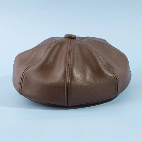 Paneled Vegan Leather Newsboy Cabbie Hat