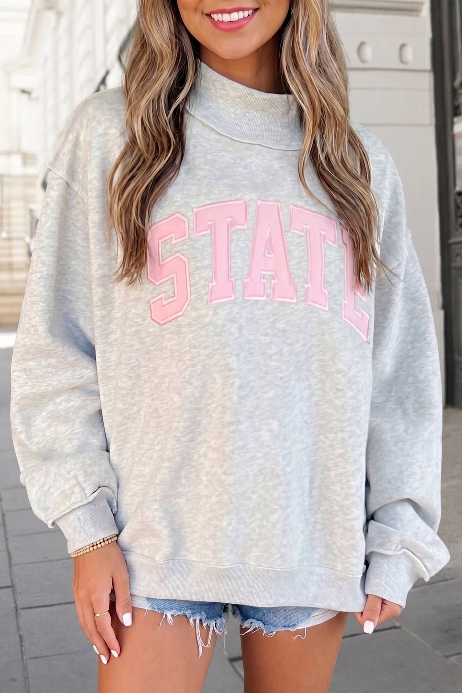 STATE Letter Print Mock Neck Pullover Sweatshirt | S-XL