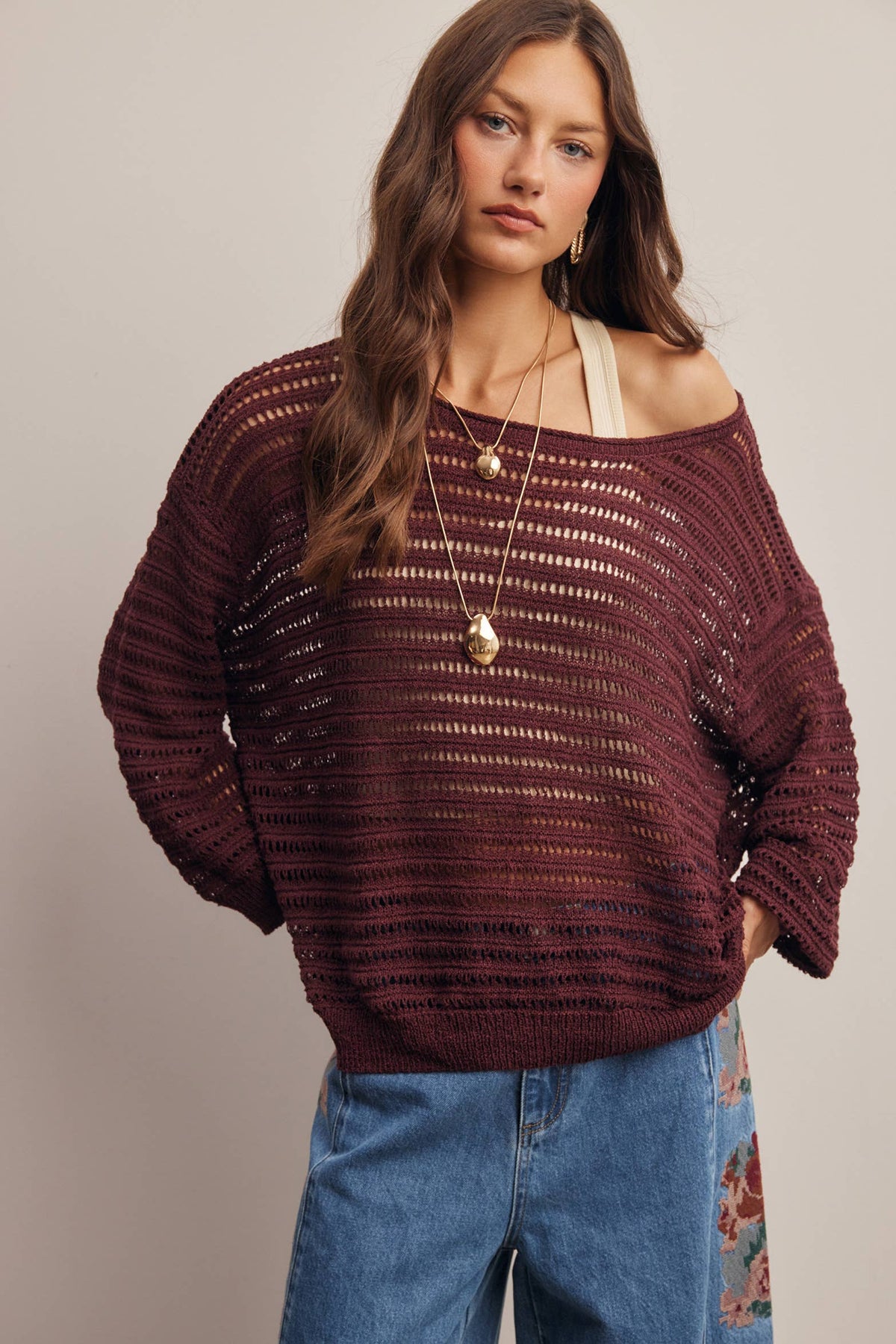Open-Knit Stripe Sweater Top FSW0056