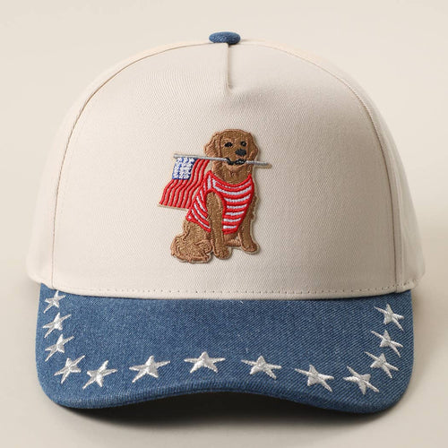 Dog USA Flag Embroidered Patch Star Brim Trucker Hat