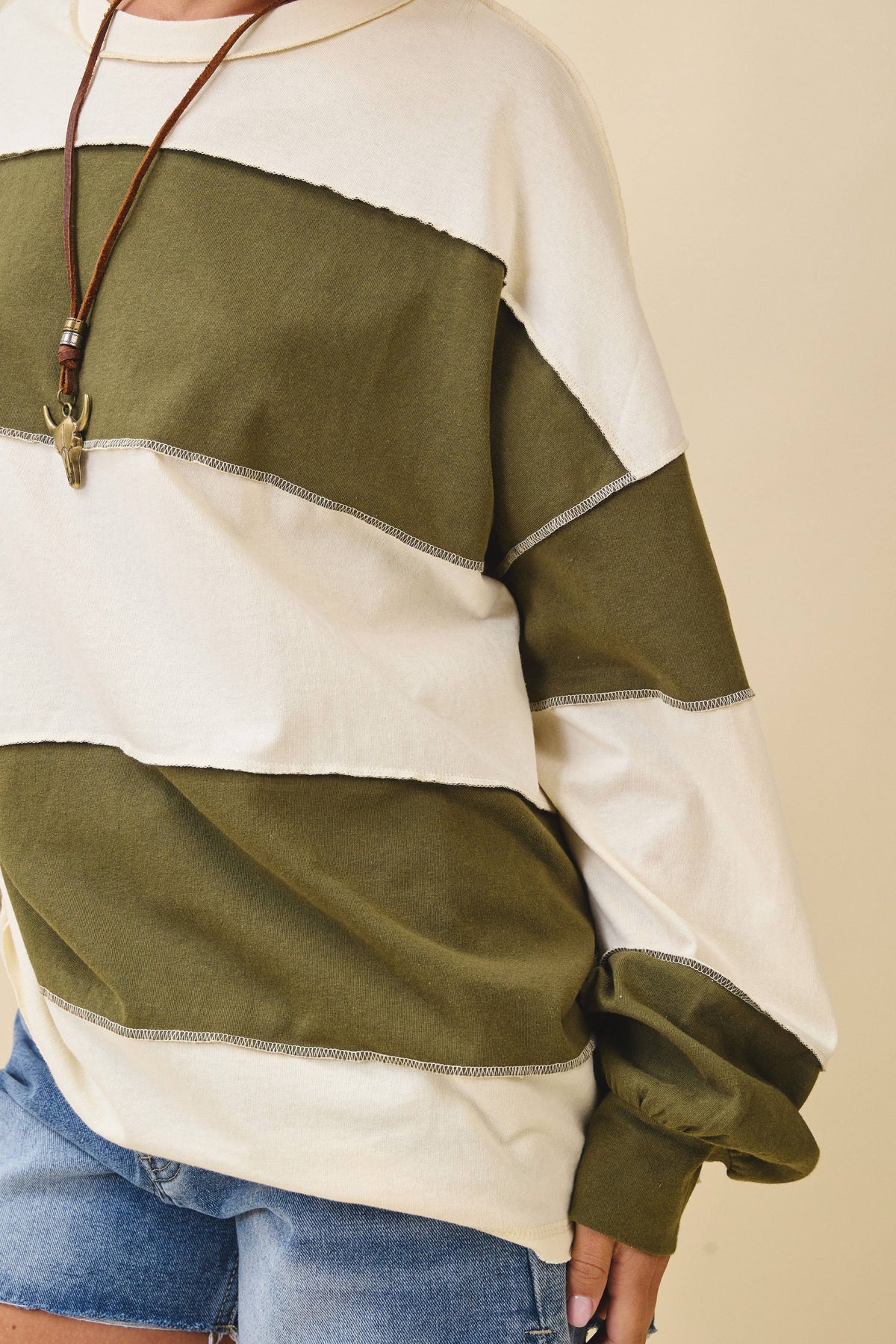 8551GN Oversized Color Block Long Sleeve Pullover