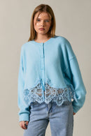 Lace Hem Button Front Knit Sweater Cardigan