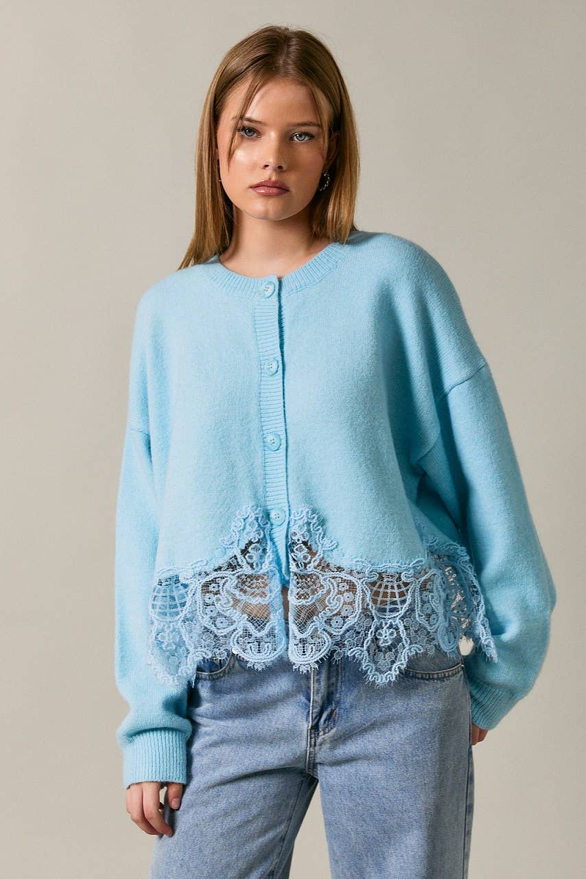 Lace Hem Button Front Knit Sweater Cardigan