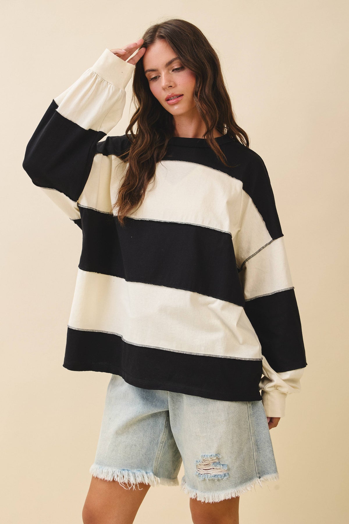 8551GN Oversized Color Block Long Sleeve Pullover