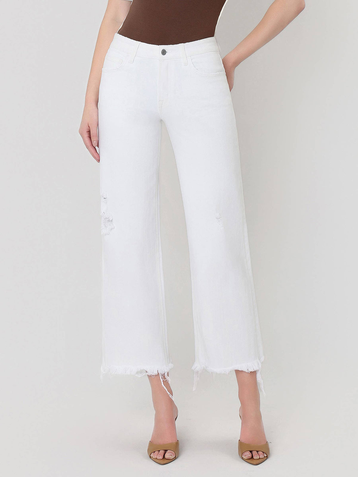 High Rise Raw Hem Crop Wide Leg Jeans