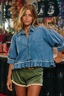 IT2444B | Denim Ruffle Hemline Shirt Top