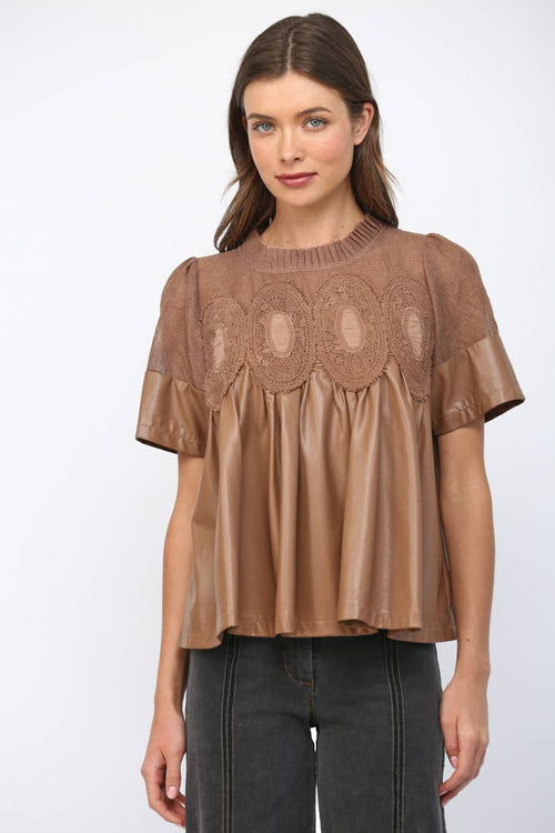 LACE OVERLAY FAUX LEATHER BABYDOLL TOP FT24196