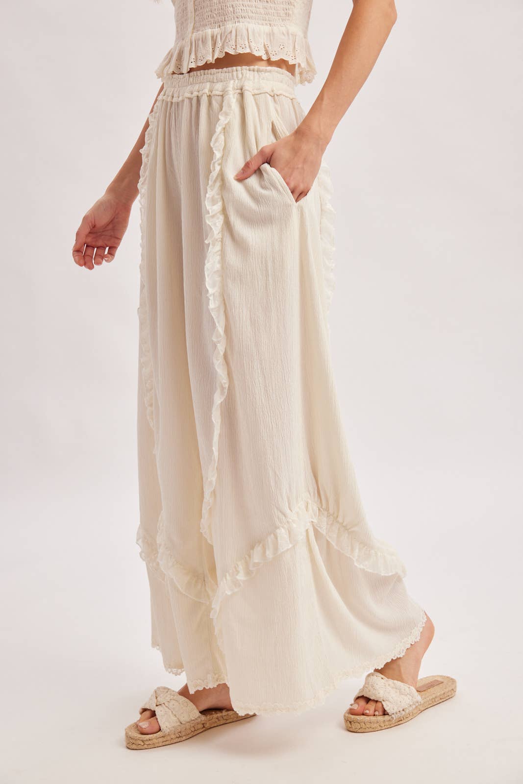 BOHO EYELET LACE RUFFLE TRIMMED WIDE PANTS