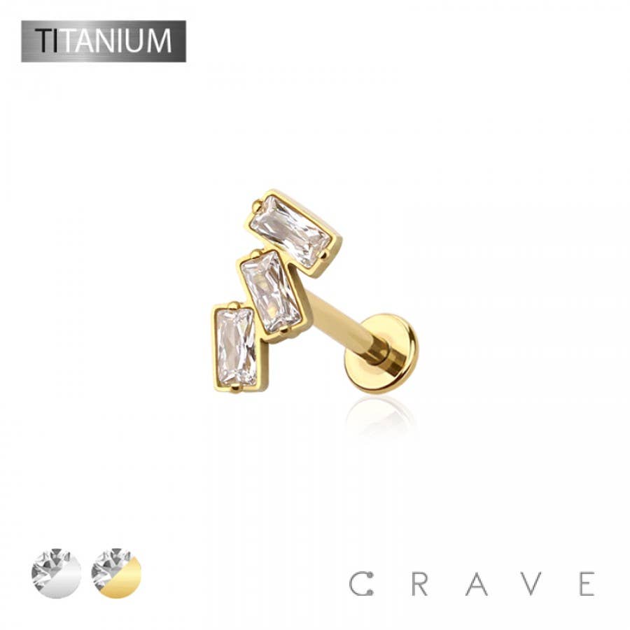 IMPLANT GRADE SOLID TITANIUM TRIPLE BAGUETTE LINE CZ PUSH IN